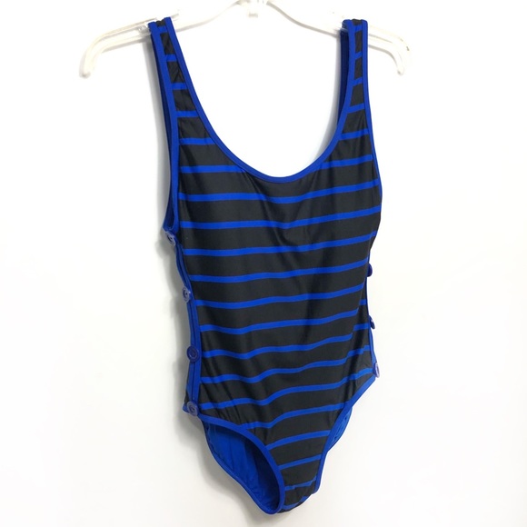 DKNY MAILLOT SWIM SUIT D25296 
one piece black blue stripe button sides - Picture 6 of 17